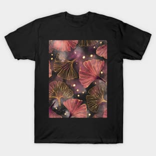 Watercolor Golden Ginko Leaves pattern T-Shirt